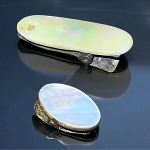 Vintage Mother of Pearl Gold Tone Dress Clip Hair Barrette Tie Clip Set of 2